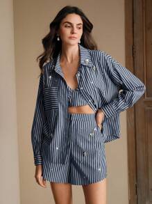 Anewsta Blusa holgada y elegante con incrustaciones de strass y rayas de color contrastante, adecuada para el trabajo - Azul Marino - Ver 6