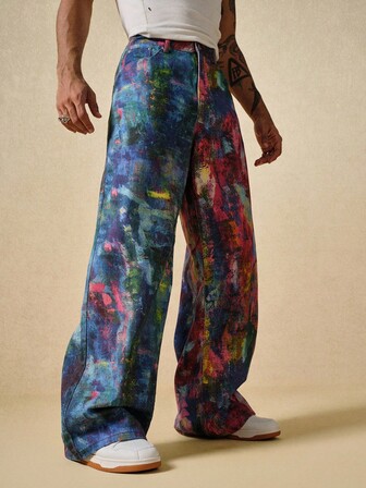 Street Life Jeans holgados y sueltos con estampado de pintura para hombres