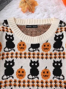 Elamini Women's Halloween Dark Crew Neck Black Cat & Pumpkin Pattern Knitted Sweater Top. Fits For Fall/Winter. Funny And Cozy. - Multicolor - View 5