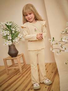Loomiva Set de 2 piezas: Blusa de manga larga con cuello redondo y volantes con estampado de tulipanes de punto suave y pantalón de cintura elástica para niñas, en beige/albaricoque - Caqui - Ver 3
