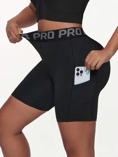 Rhythm Era Women Plus Size Black Sport Shorts With Letter Waistband And Side Pocket Spandex Shorts For Women Activewear Compression Shorts Women Spandex Shorts With Pockets