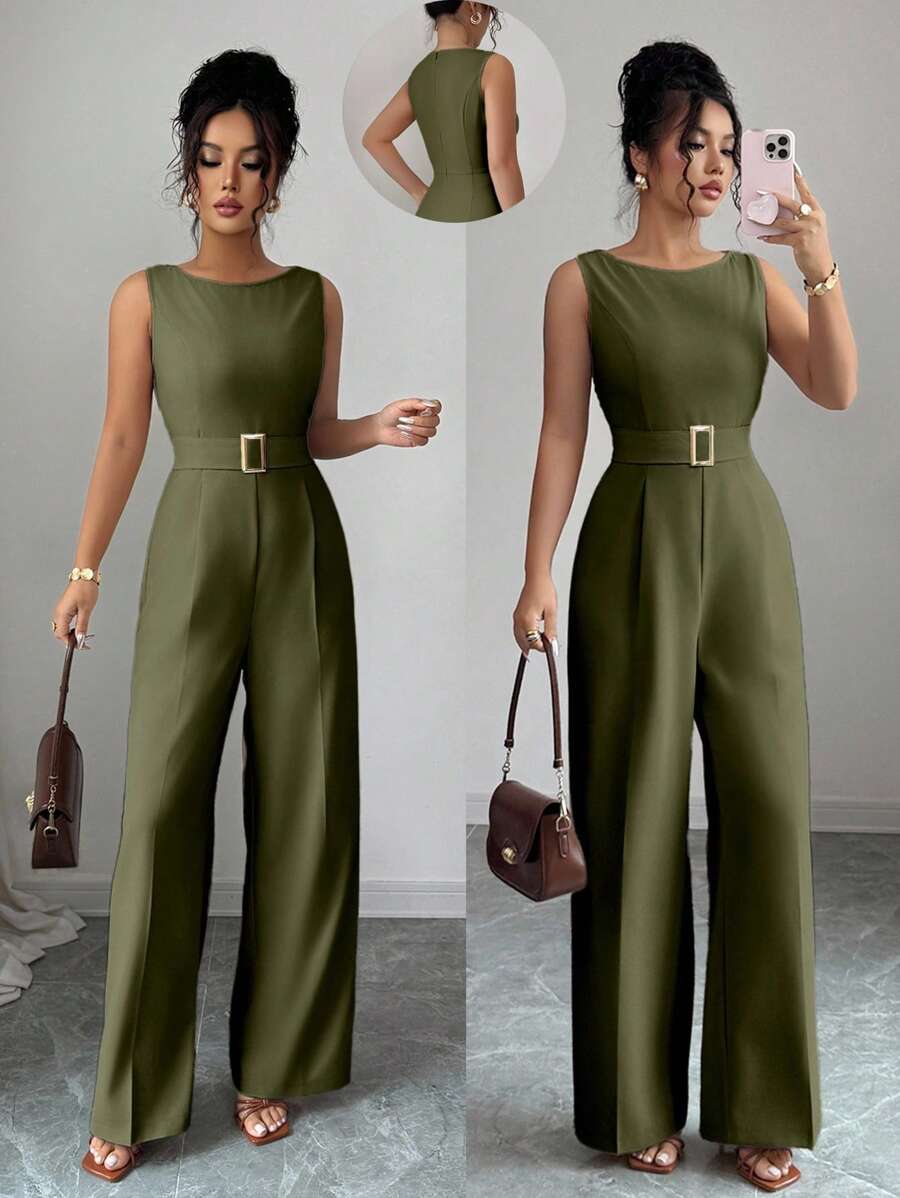 Selianne 法式浪漫一字肩无袖高腰腰带光滑面料金属扣装饰阔腿直筒女连体裤女夏装女办公室服装外出服装 - 軍綠色 - 查看 1