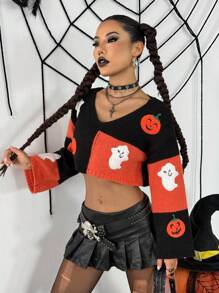 Flirla Halloween Pumpkin & Ghost Pattern Colorblock Women Sweater Fall Winter Cloth For Women - Multicolor - View 7