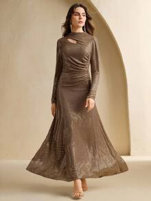 Anewsta New Fashion Rhinestone Pleated Cross Collar Long Sleeve Slim Fit Formal Dress, Suitable For Fall, Spring, Going Out, Elegant, Formal, Party, Chic, New Year, Valentine - Coffee - View 4