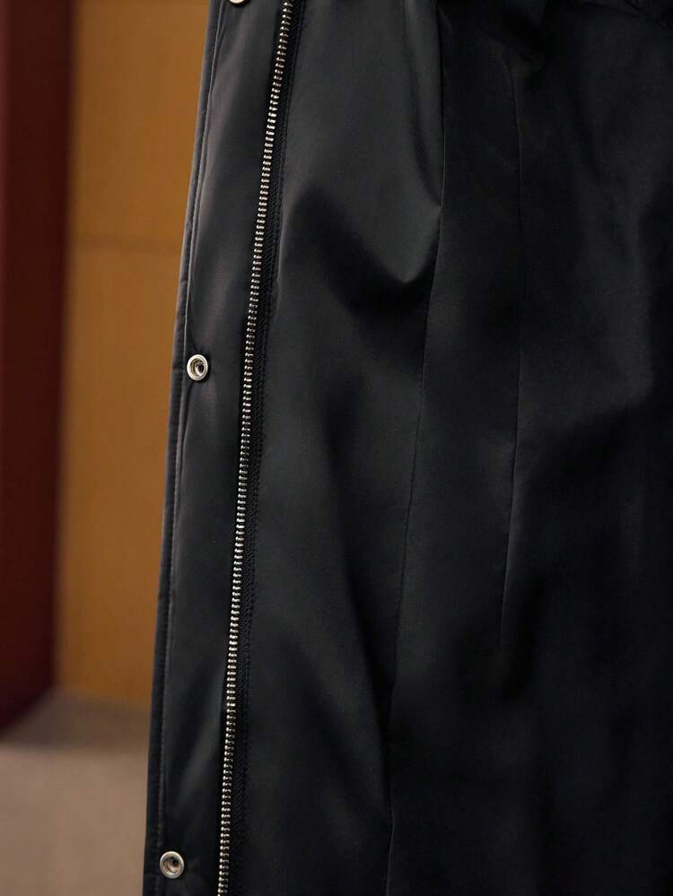 FUZZY TRIM SLANT POCKET ZIP PLACKET LONGLINE WINTER COAT