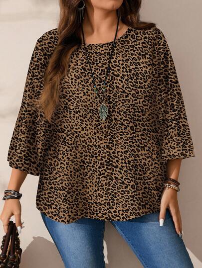 EMERY ROSE Back To School Music Festival Versatile Casual Leopard Pattern Print Plus Size Women's Casual Full-Face Print Round Neck Loose Three-Quarter Sleeve Shirt Suitable For Spring, Summer, Autumn And Winter