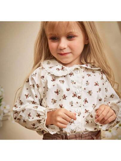 Loomiva Young Girl Ditsy Floral Peter Pan Collar Long Sleeve Button-Up Blouse, French Girl Style Elegant White Shirt, Floral Ruffle Hem Blouse, Long Sleeve Printed Blouse, Woven Floral Ruffle Casual Blouse, Suitable For Formal Top, Apparel, School Uniform, Back To School, Fall Winter