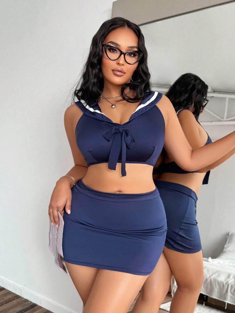 SHEIN 2pcs Halloween Plus Size Sexy Bodycon Skirt & Lingerie Set - Navy Blue - View 1