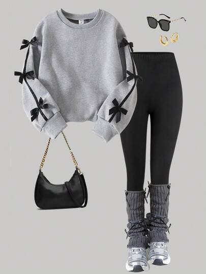 Genkimix Kids 2 件套青少年女孩秋季韩式休闲灰色运动衫配蝴蝶结和紧身裤套装，适合秋冬的时尚服装