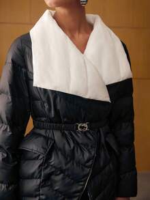 MOTF PREMIUM 对比色瀑布领双排扣门襟系腰带冬季大衣 - 黑色 - 查看 3