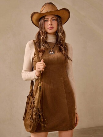 Wildy 波西米亚女式无袖圆领修身水洗复古短裙棕色灯芯绒连衣裙西部连衣裙女式牛仔装波西米亚风连衣裙大地色连衣裙别致秋季古着连衣裙商务休闲女士外出装女牛仔装西部装女式大地色连衣裙复古别致秋季波西米亚女装办公室服装