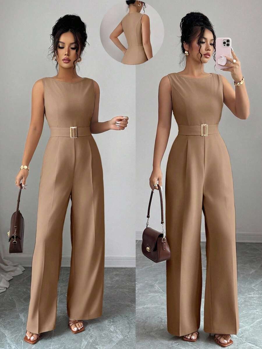 Selianne جمبسوت نسائية ذات خصر عالي بحزام وإبزيم معدني، بدون أكمام وذات كتف واحد، من قماش ناعم، ذات ساق مستقيمة واسعة، ملابس صيفية نسائية، ملابس مكتبية نسائية، ملابس للخروج - قهوة بني - مشاهدة 1