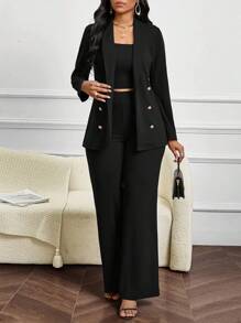 SHEIN Lady 四季婚礼宾客女士背心、西装和西装裤教堂服装酒红色女士西装套装 - 黑色 - 查看 1