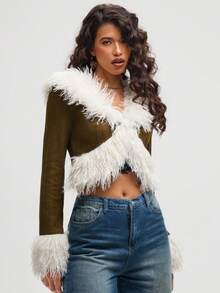 Aloruh Abrigo de mujer de moda con parches de piel sintética de color contrastante, ideal para el otoño y el regreso a la escuela - Gris Oscuro - Ver 6