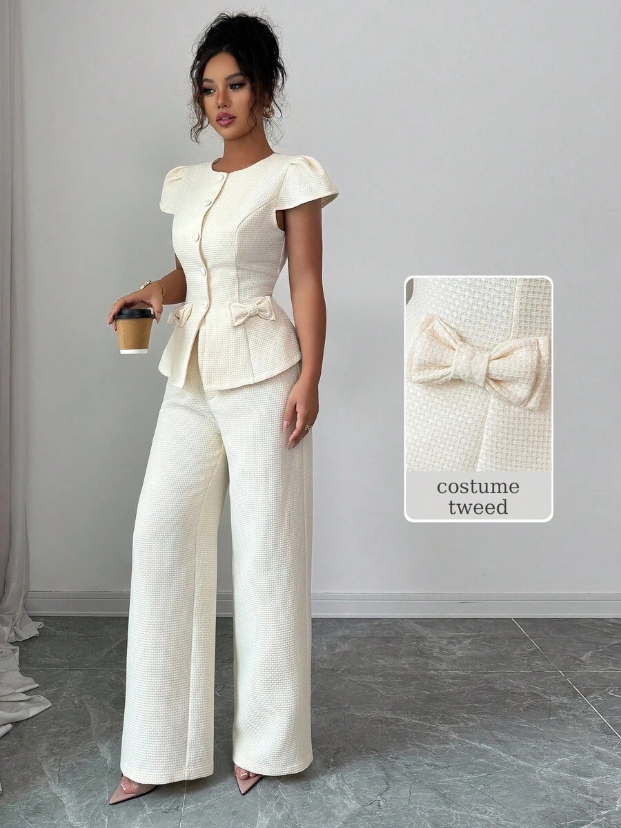 Modelyn 女士秋季套装，粗花呢圆领收腰蝴蝶结杏色纽扣上衣和直筒裤，两件套，适合外出和约会 - 杏色 - 查看 1