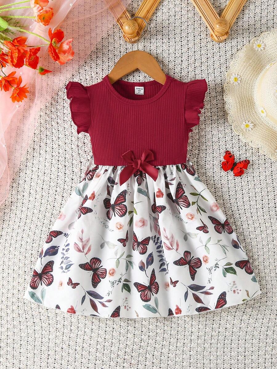 SHEIN Young Girl Butterfly Print Ruffle Trim Belted Dress - Red and White - View 1