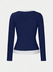 Zielony Vintage Colorblock Long Sleeve Crew Neck T-Shirt, Casual Chic Slim Fit Pullover Top For Autumn, European And American Style Fall Cloth For Women