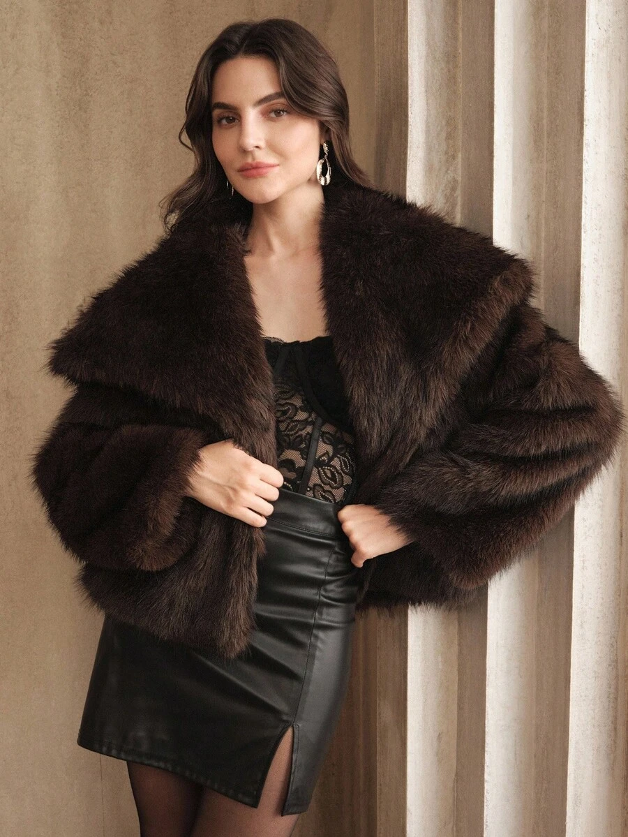 Anewsta 女士时尚仿毛领长款开衫外套，适合外出、优雅、圣诞节、派对 - 棕色 - 查看 1