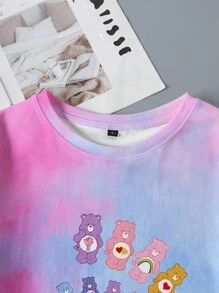 SHEIN X Care Bears 女士休闲时尚街头卡通熊扎染印花宽松T恤，夏季 - 白色 - 查看 4