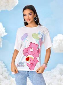 SHEIN X Care Bears Women's Cartoon Bear Pattern Round Neck Short Sleeve T-Shirt - White - View 3