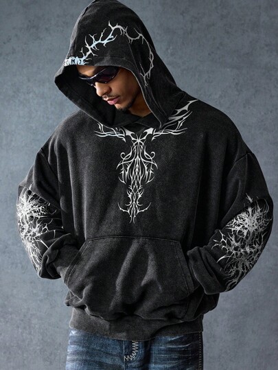 Street Life Men's Black Casual Drop Shoulder Long Sleeve Loose Fit Hoodie , Fall