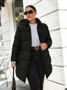 EURMUSE Plus Size Solid Color Long Hooded Winter Coat - Black - View 1