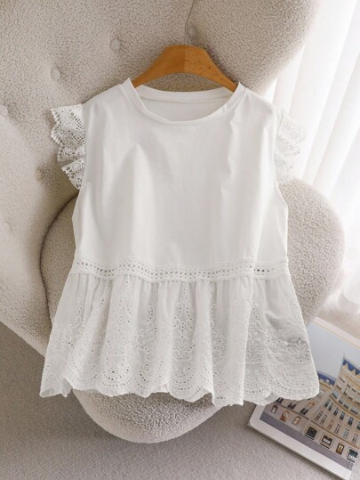 CosyJoli Plus Size Women Summer Casual Simple Embroidered Lace Patchwork Round Neck Short Cap Sleeve T-Shirt,Slightly Sheer