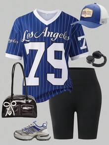 SHEIN Conjunto de camiseta de manga corta con estampado de letras y rayas de baloncesto y shorts de ciclista de estilo casual y urbano para adolescentes