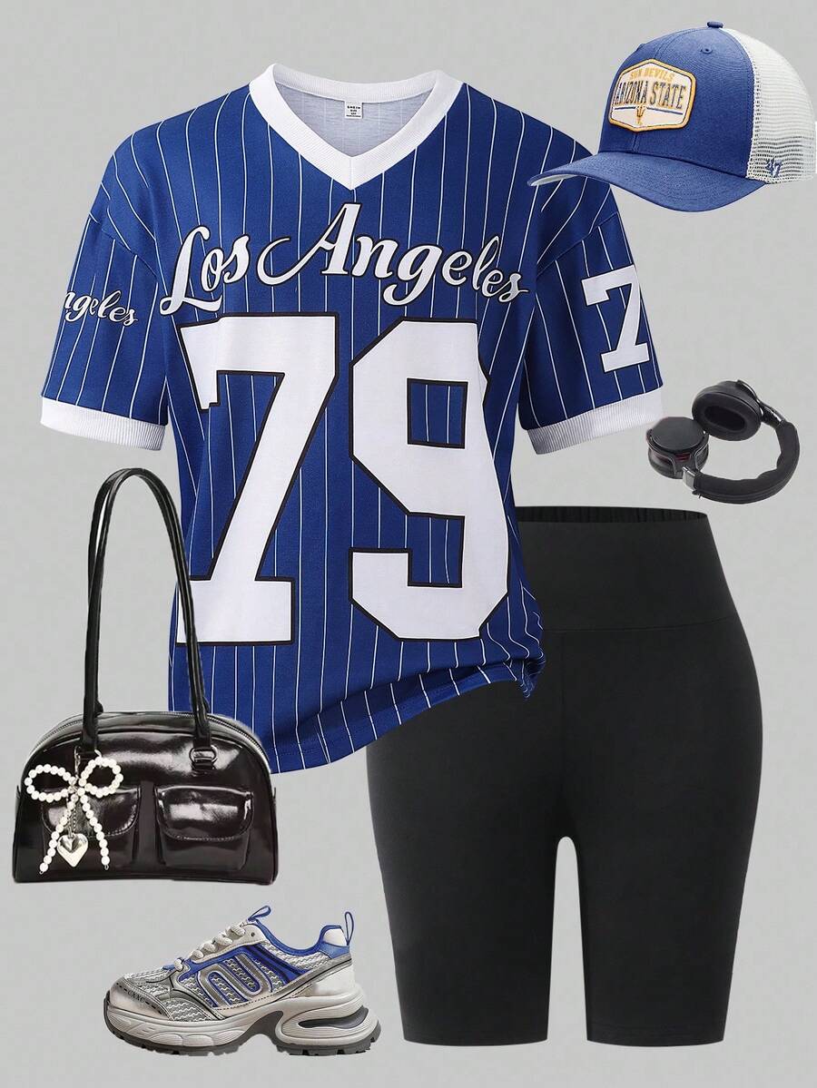 SHEIN Conjunto de camiseta de manga corta con estampado de letras y rayas de baloncesto y shorts de ciclista de estilo casual y urbano para adolescentes