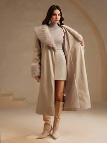 Anewsta Navy Blue Faux Leather Oversized Collar Women's Leather Jacket With Fox Fur Cuffs, Long Coat, Suitable For Autumn, Fall, Winter, Going Out, Elegant, Formal, Chic, New Year, Christmas, Work, Graduation