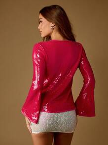 MISSGUIDED 亮片长袖系带和服热粉色节日沙滩罩衫闪亮派对俱乐部之夜开衫喇叭袖裹身上衣假日沙滩装 - 玫紅色 - 查看 2