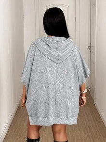 Maweii 大码女式纯色蝙蝠袖宽松休闲抽绳卫衣 - 灰色 - 查看 2