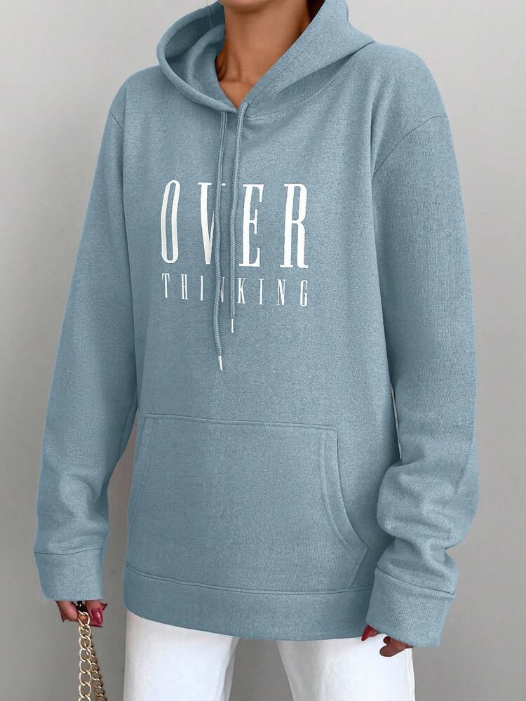 Hooded Sweatshirt With Text Print And Drawstring Design - Baby Blue - View 4