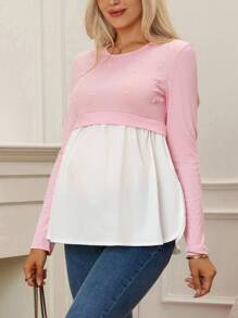 SHEIN Maternity Contrast Color Patchwork Long Sleeve Round Neck Bubble Bead Side Slit Nursing Top - Baby Pink - View 5