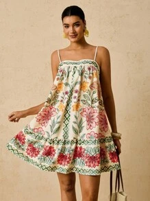 Travachic Váy ngắn không tay họa tiết cây xanh nhiệt đới nhiều màu cỡ lớn, váy đi nghỉ thường ngày từ mùa hè đến đầu mùa thu - Nhiều màu - Xem 5