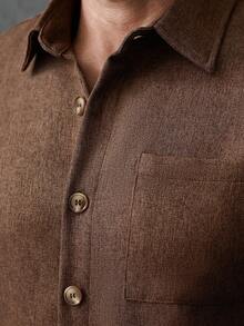 Manfinity CasualCool Men's Solid Color Regular Shoulder Long Sleeve Single-Breasted Casual Retro Fashion Shacket, Fall - Coffee Brown - View 6