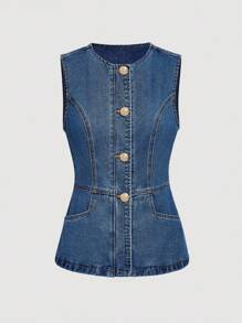 Sweetra Women's Slim Fit Round Neck Vest Design Casual Denim Top, Suitable For Commuting In Spring And Summer - Medium Wash - View 1