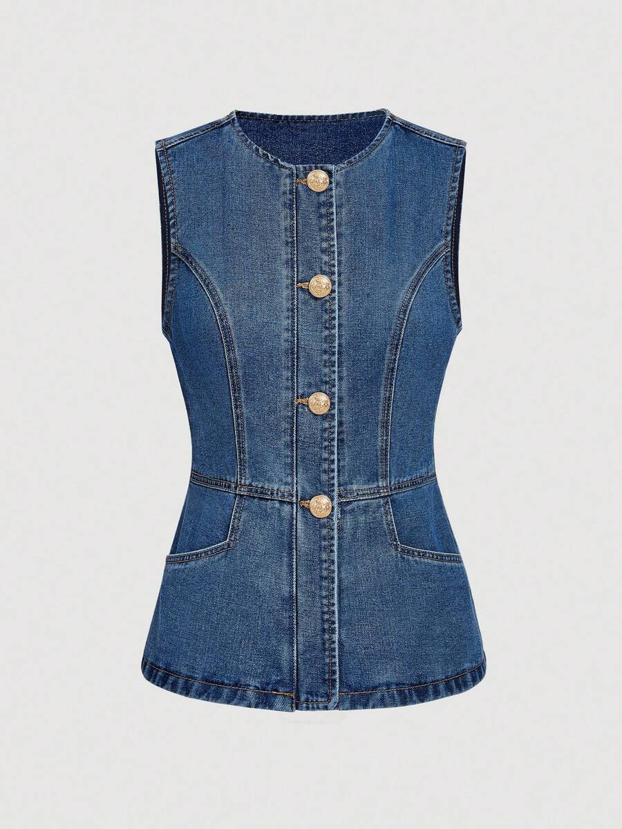 Sweetra Women's Slim Fit Round Neck Vest Design Casual Denim Top, Suitable For Commuting In Spring And Summer - Medium Wash - View 1