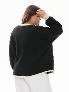 Solavibe Plus Size Casual Colorblock Drawstring Cardigan Sweater - Black - View 4