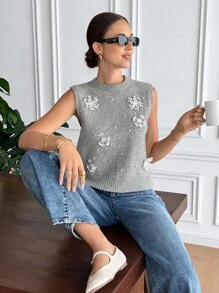 SHEIN Frenchy 女式圆领无袖串珠休闲针织套头衫 - 淺灰色 - 查看 1