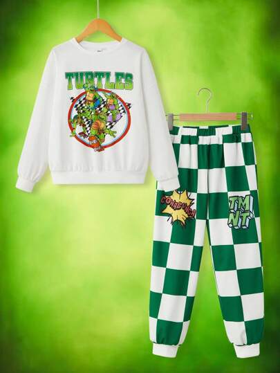TEENAGE MUTANT NINJA TURTLES | SHEIN Tween Boy Checkerboard Cartoon Pattern Knit Loose Crew Neck Sweatshirt And Sweatpants 2 Pieces Set