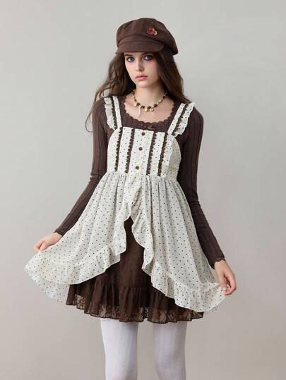 ROMWE Avant 1pc Women's Casual Polka Dot Print Lace Ruffle Trim Back Tie Hem Short Dress, Vacation Style