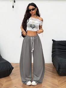 Coolane Quần Scimitar màu xám thoải mái, cạp chun co giãn, trang phục dạo phố mùa hè cho nữ - Xám - Xem 4