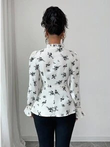 Elenzga 2025 秋季法式女式复古荷叶边 V 领抽绳蝴蝶结撞色碎花喇叭袖衬衫，适合约会、郊游、度假、花园、家庭聚会、劳动节、节假日、独立日、返校、开学 - 彩色 - 查看 2