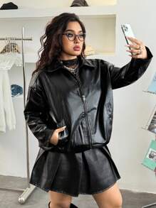SHEIN EZwear Plus Drop Shoulder Zip Up PU Leather Jacket Winter Fall Autumn - Black - View 4