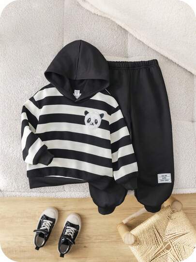 SHEIN 2-częściowy zestaw bluzy z kapturem i spodniami dresowymi dla chłopców z nadrukiem pandy, wygodny luźny dres na co dzień, do użytku w pomieszczeniach i na zewnątrz, na co dzień, do sportu, zabawy, na imprezę, do sesji zdjęciowej, na święta, do szkoły, na jesień/zimę