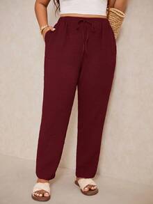 Elaquor Plus Size Women's Casual Solid Color Loose Drawstring Pants - Burgundy - View 6