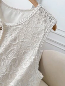 CosyJoli 大码女式宽松休闲纹理提花圆领背心夹克蕾丝白色上衣白色纽扣背心白色蕾丝背心女式蕾丝上衣女式夏季背心秋冬 - 杏色 - 查看 4