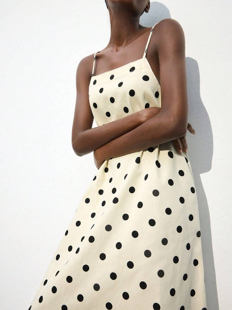 Maija 女式波尔卡圆点宽松可调节肩带连衣裙，商务休闲假日露背优雅连衣裙 - 白色 - 查看 2