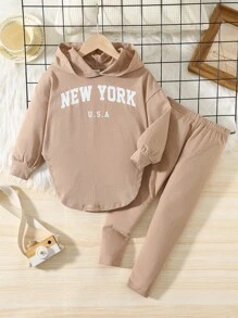 Kleine Mädchen Asymmetrischer Saum Drop Shoulder Hoodie & Leggings 2 Stücke Outfit, bequem, Herbst und Winter, ideal für Lässig & Alltag & Schule, coole Streetwear für Y2K Kleine Mädchen